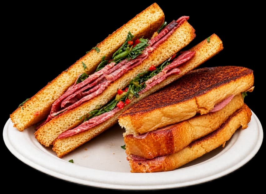 Aufgeschnittener Cubano mit Pastrami und Chimichurri auf dem Teller